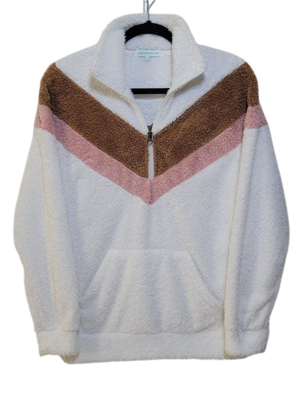 Oversized Chevron Sherpa Quarter Zip Pullover Sweater White Pink Brown Small